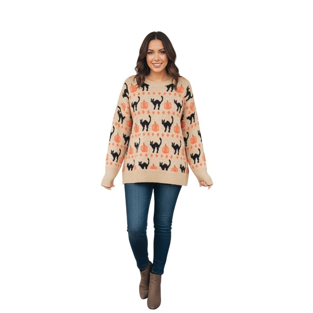 Womens Halloween Black Cat Pumpkin Fair Isle Knit Sweater‎ Tan Orange